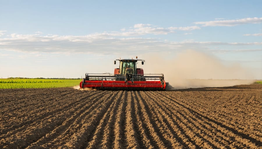 Farmer operating no-till seeding equipment in an Alberta agricultural field