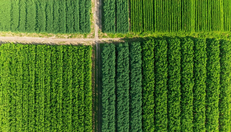 Drone shot of Alberta organic farm with multiple crop sections and sustainable practices