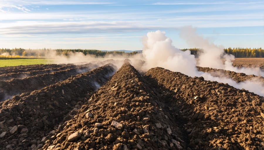 Aerial view of steaming windrow compost rows on an Alberta farm in winter