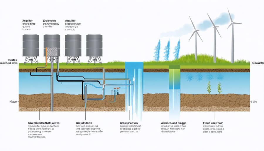 Technical illustration of aquifer thermal energy storage system components and underground water flow