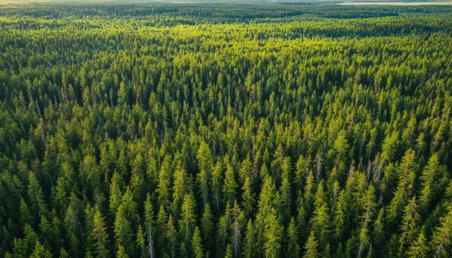 Sweeping aerial view of Canada's boreal forest showing dark green conifer trees and wetland areas