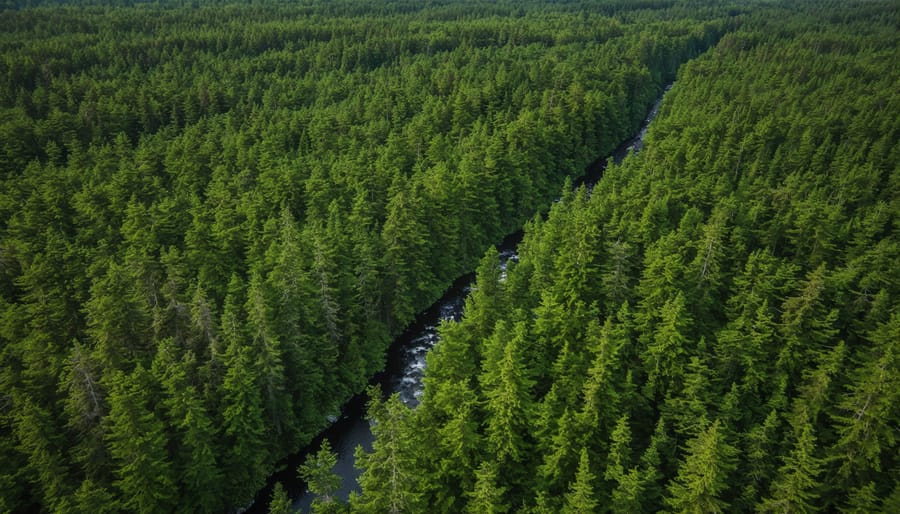 Expansive aerial view of Canada's boreal forest ecosystem with rivers and lakes