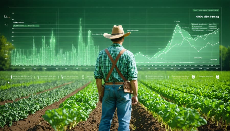 Farmer in field analyzing crop performance with economic data visualization