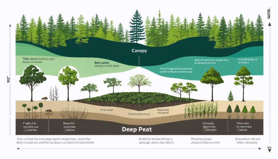 Cross-section diagram of boreal forest carbon storage systems including trees, soil, and peat layers