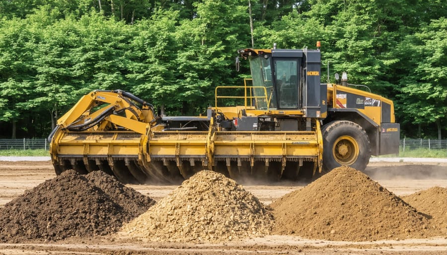 Large-scale farm composting system with mechanical turner working on compost windrows