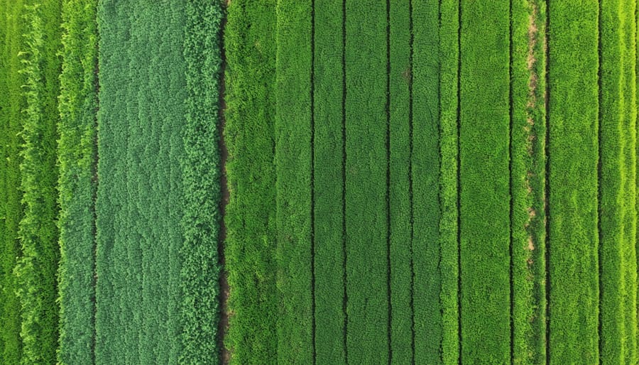 Drone photograph of agricultural field showing alternating strips of cover crops and main crops