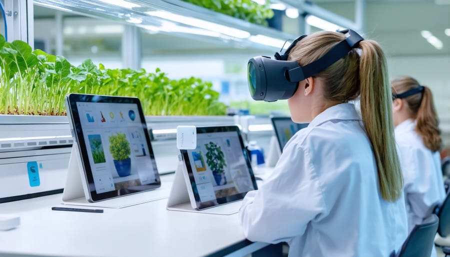 Agricultural students interacting with digital farming simulations on tablets in a high-tech classroom setting