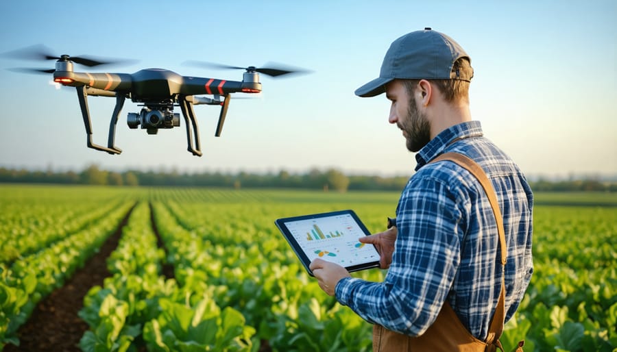 Farmer using digital tablet displaying agricultural data while drone monitors crops