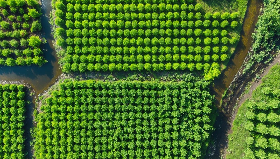 Bird's eye view of a diverse organic farm landscape with natural corridors and multiple crop varieties