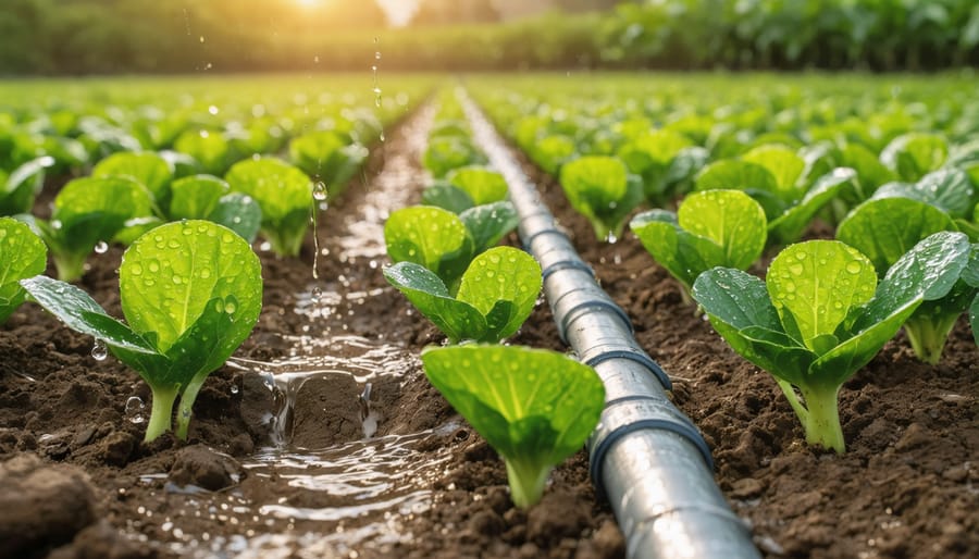 Detailed view of drip irrigation system delivering water to crop roots