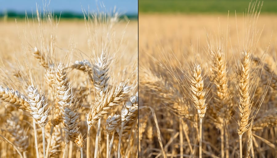 Side-by-side comparison showing drought-resistant vs traditional wheat crops