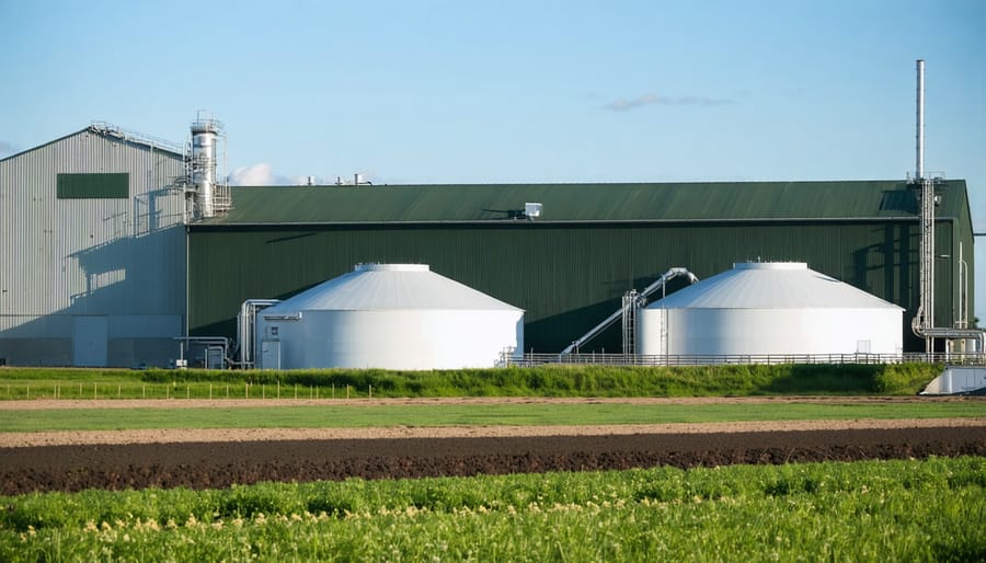 Biogas production facility showing anaerobic digesters and methane collection system on a livestock farm