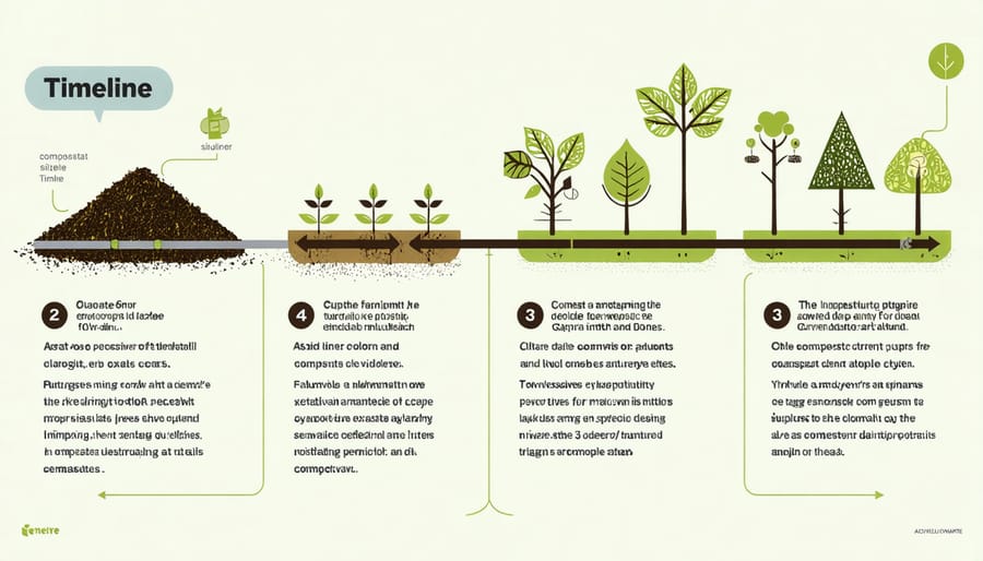 Step-by-step illustration of farm-scale composting process with temperature and time indicators