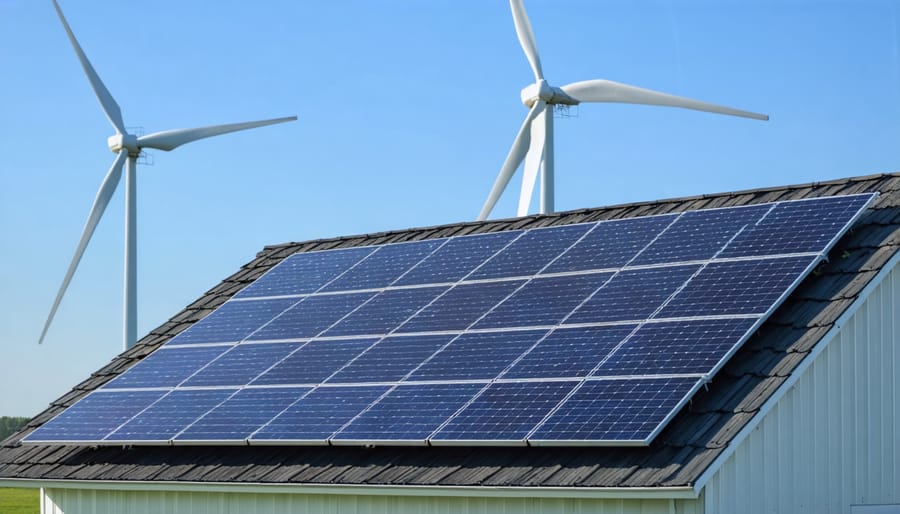 Integrated renewable energy system featuring solar panels and wind turbines on an Alberta farm