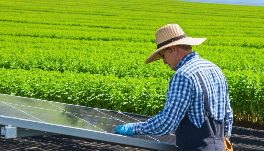 Farmer inspecting vegetable crops growing beneath raised solar panel array