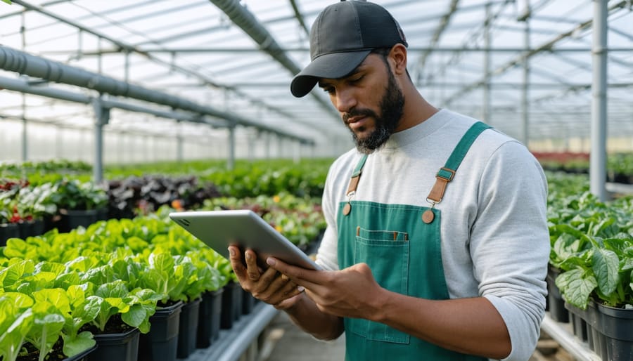 Organic farmer monitoring solar power system performance in greenhouse