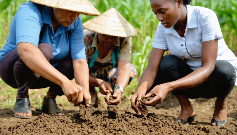 Canadian farmers gathered around a soil testing demonstration, sharing sustainable farming techniques