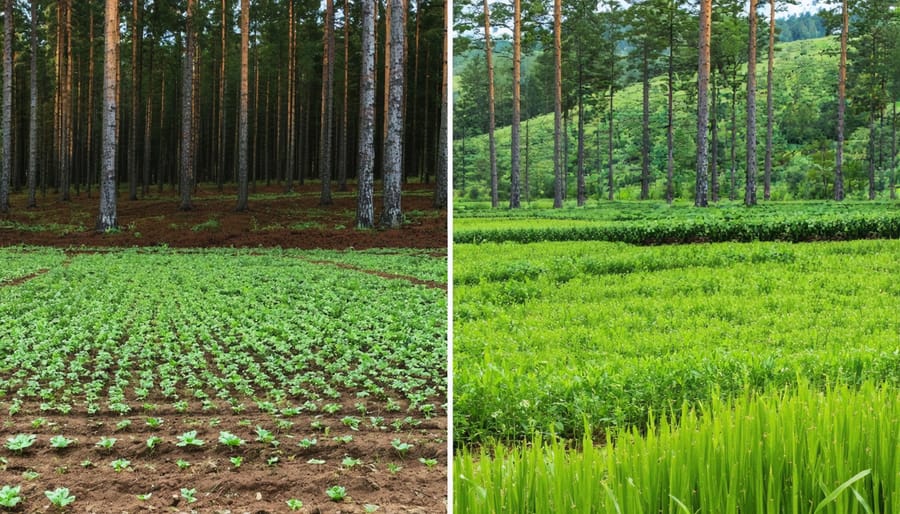 Agricultural field adjacent to boreal forest demonstrating buffer zone management techniques