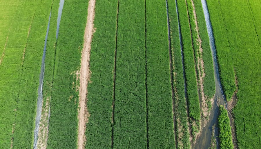 Aerial photograph of furrow irrigation system in action on an Alberta farm field