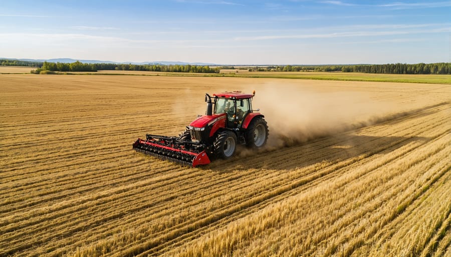 GPS-guided tractor creating perfectly straight cultivation lines in a wheat field