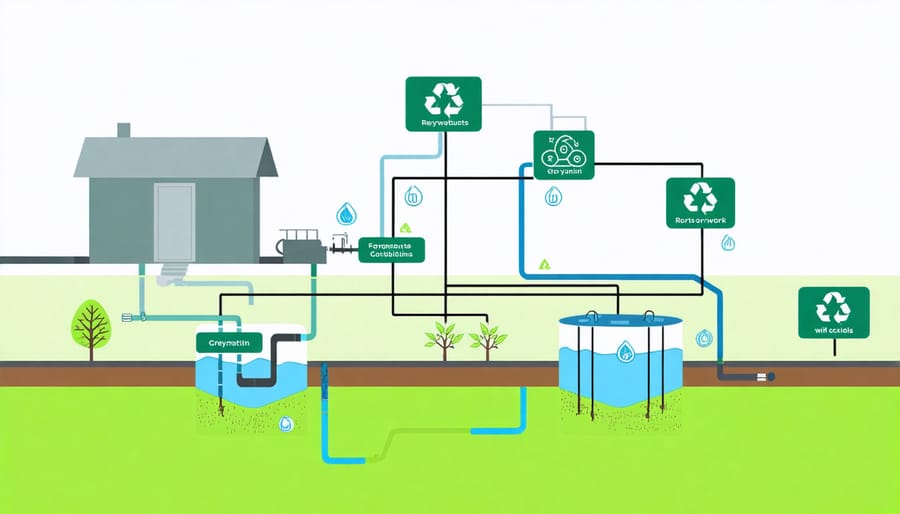 Illustrated diagram of agricultural greywater recycling system components and flow