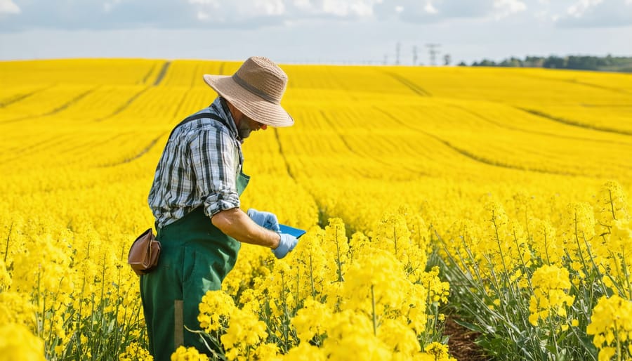 Organic farmer in flowering canola field with beehives and wildflower strips visible in background