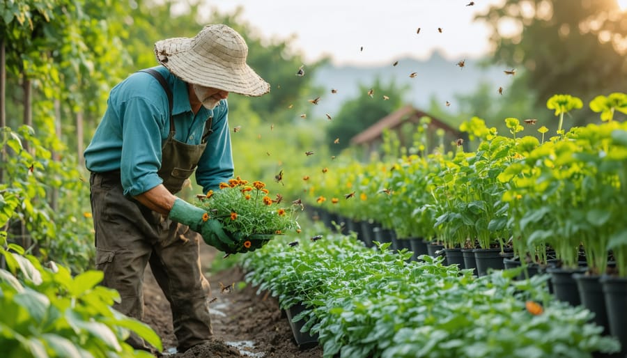 Organic farmer examining beneficial insects on companion plants