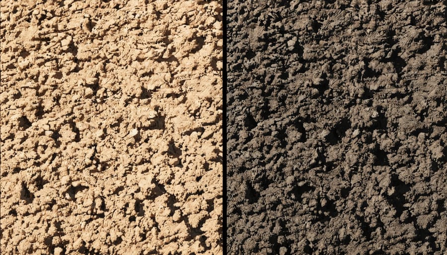 Side-by-side comparison of rich, dark organic soil teeming with earthworms next to lighter conventional soil