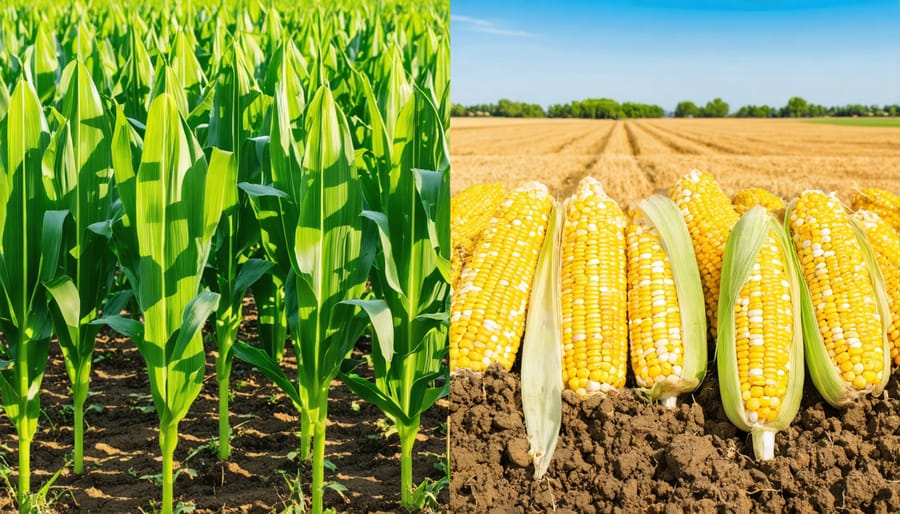 Side-by-side comparison of organic and GMO corn fields showing different farming methods