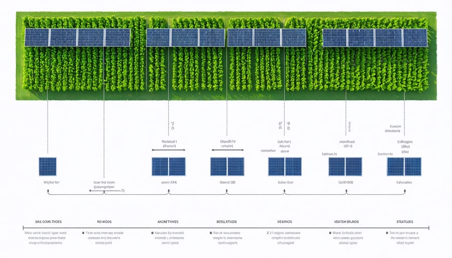 Infographic illustrating solar panel arrangements and measurements for different agricultural applications