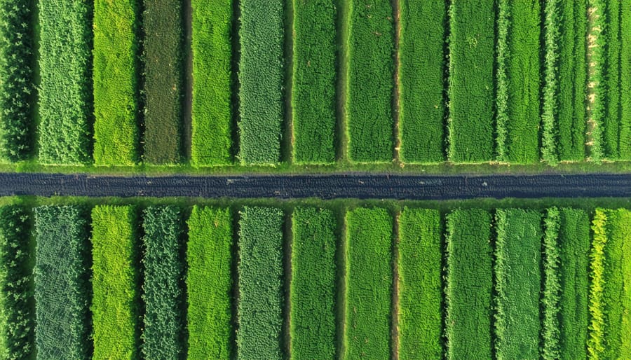 Drone shot of an organic farm featuring flowering hedgerows, wildflower strips, and diverse crop plantings