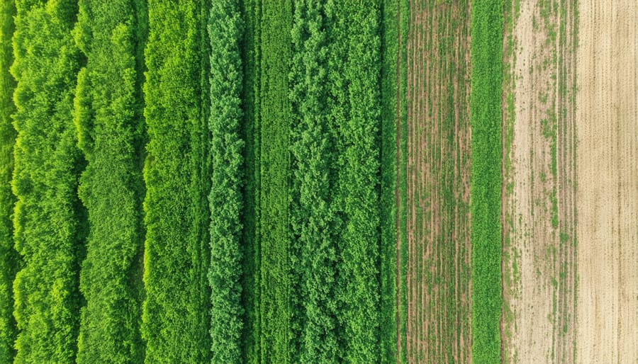 Drone photograph showing different cover crop patterns and colors in Alberta farm fields