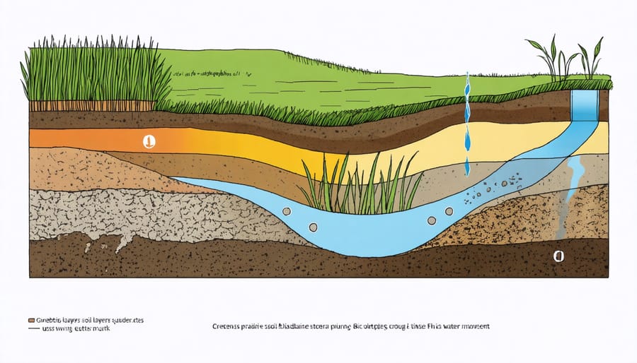 Illustrated soil profile showing different layers of Alberta prairie soil and water infiltration pathways