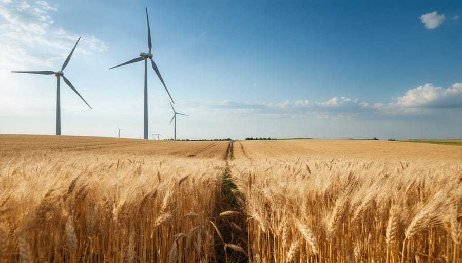 Wind turbines providing power to an Alberta organic grain farm