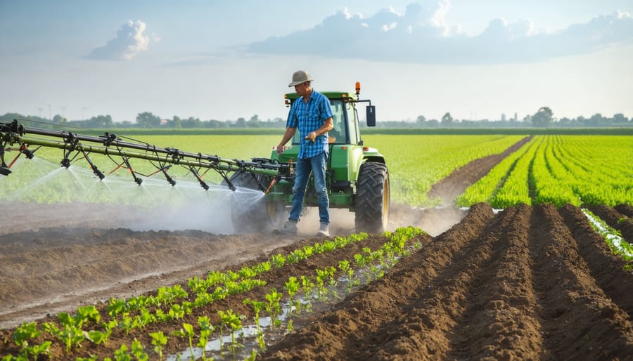 Agricultural worker using smartphone app to control automated irrigation system