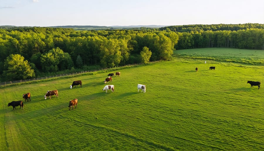 Aerial photograph of cattle grazing in a silvopasture system with strategically placed trees