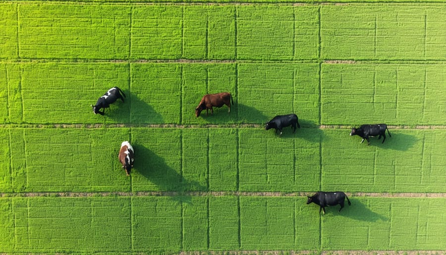 Birds-eye view of divided pastures implementing rotational grazing with cattle visible in various sections