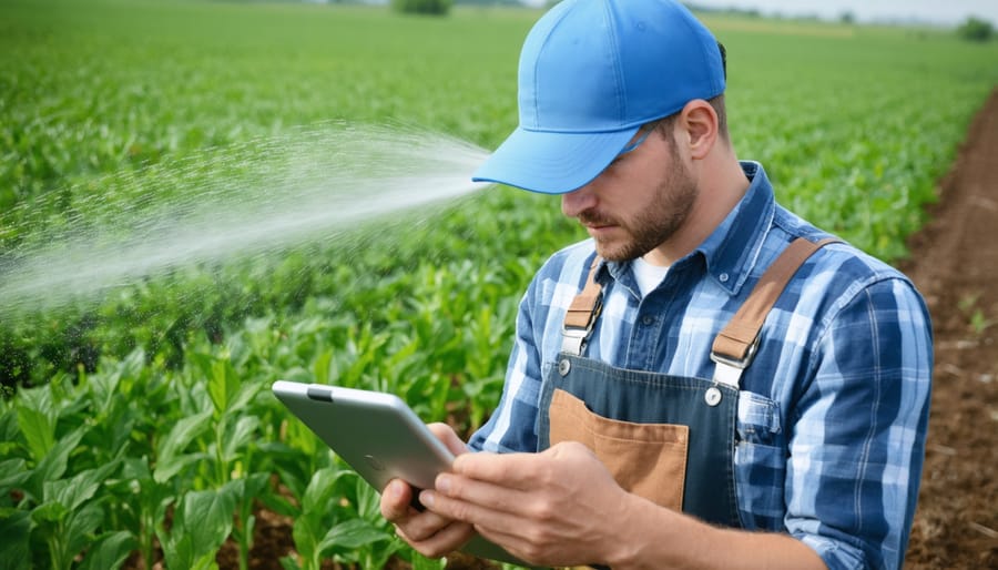 Farmer using digital technology to monitor and control irrigation systems