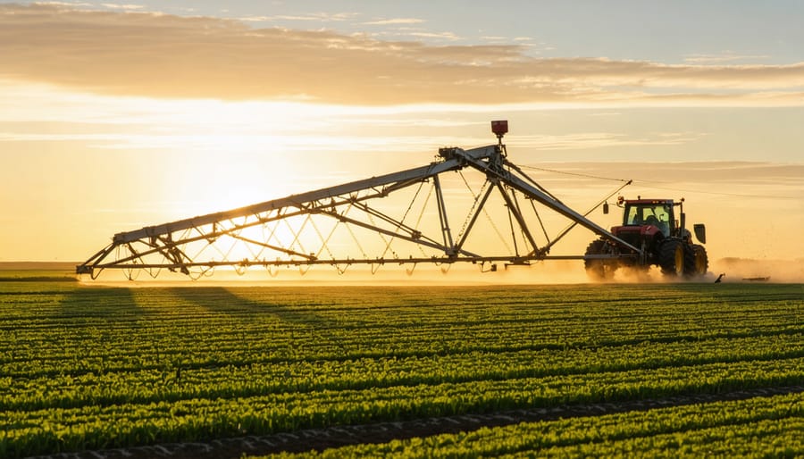 Advanced center pivot irrigation system spraying water over crops at sunset