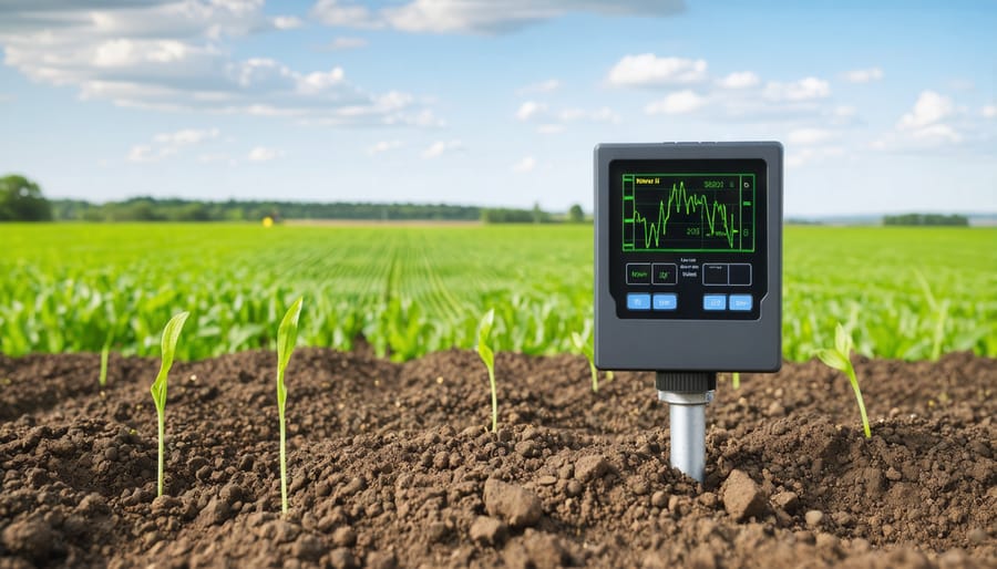 Digital soil moisture sensor monitoring irrigation needs in a crop field