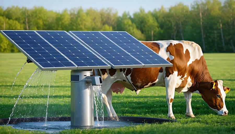 Modern livestock watering system powered by solar panels with cattle drinking