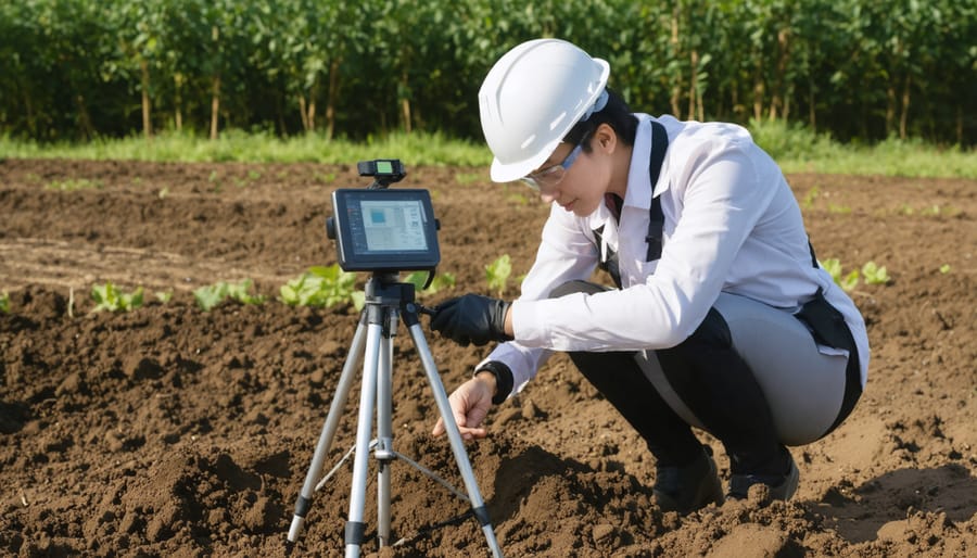 Agricultural technician using handheld soil carbon monitoring device in field