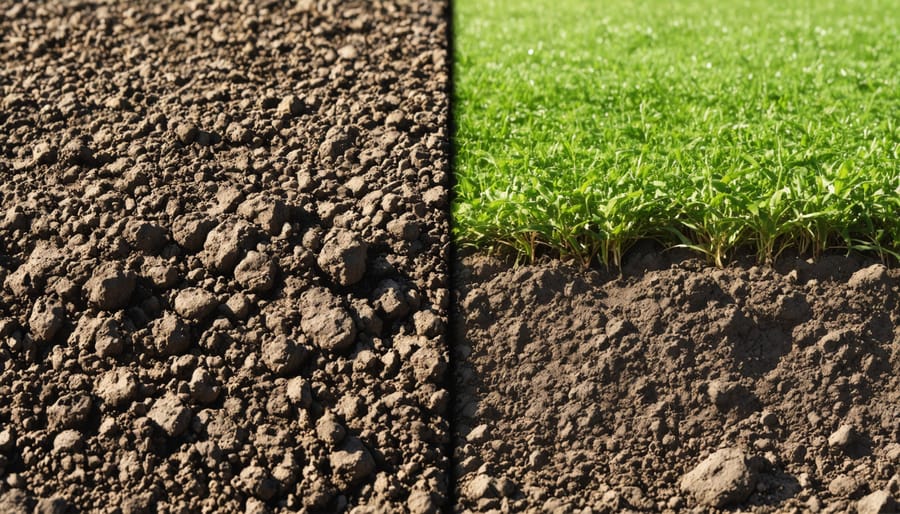 Split image showing dark, rich carbon-sequestered soil next to lighter conventional soil