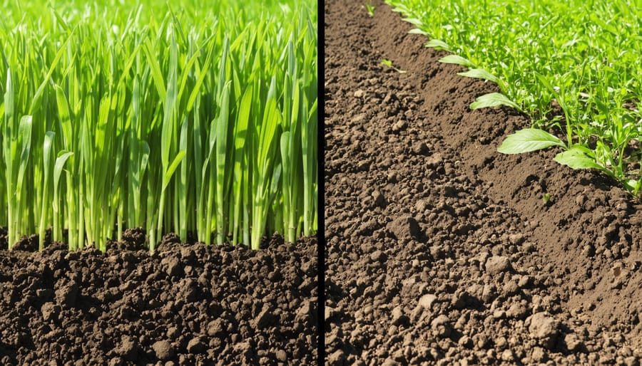 Side-by-side comparison showing the difference between soil with and without cover crop management