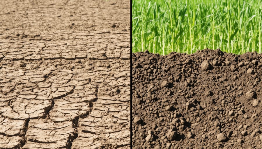 Side-by-side comparison of degraded and healthy prairie soil samples showing differences in structure and color