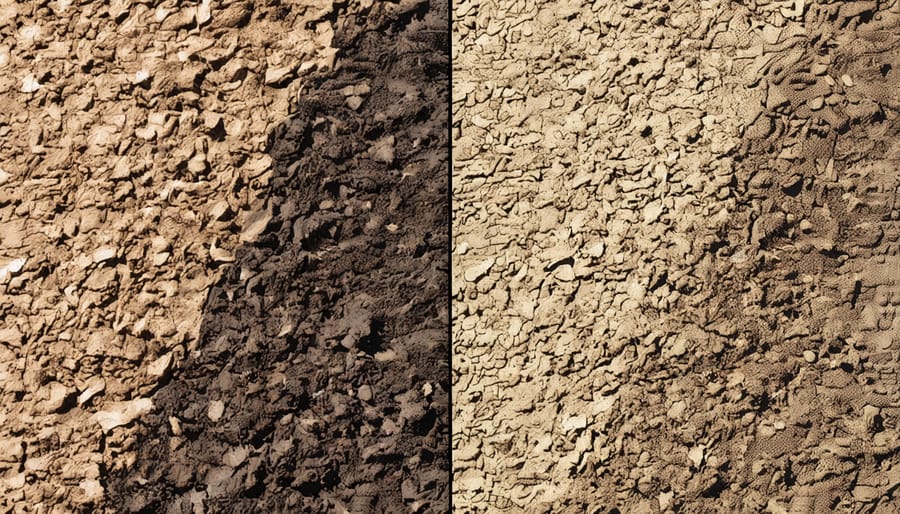 Side-by-side comparison of depleted gray soil versus rich dark soil with visible organic matter