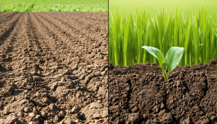 Split image comparing dark, rich no-till soil with visible earthworms against compacted tilled soil