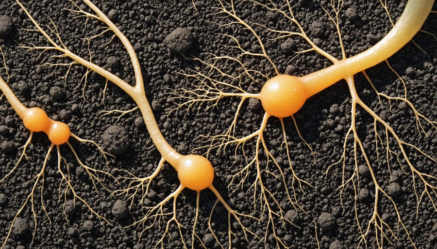 Microscope image showing beneficial bacteria, fungi, and plant root relationships in soil