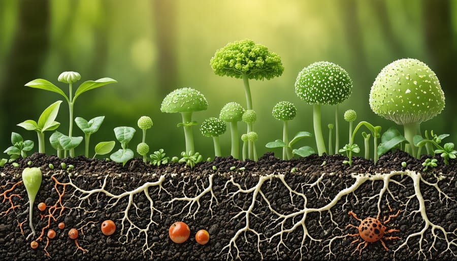 Microscope image of soil biology showing beneficial bacteria, fungi, and plant root relationships