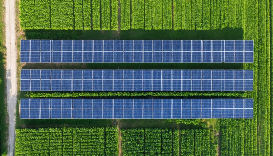 Solar panel array integrated into an Alberta organic farm landscape